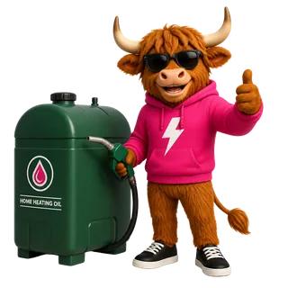 Bully the highland bull filling a green home heating oil tank