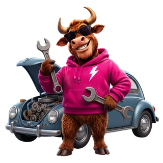 Bully the highland bull helping at the roadside with a broken-down car