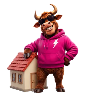 Bully the highland bull in front of a house