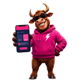 Bully the highland bull holding up a mobile phone showing the Billocks app