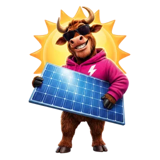 Bully the highland bull beside solar panels