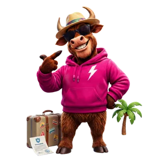 Bully the highland bull with a suitcase, ready to travel