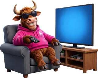 Bully the highland bull sitting in an armchair with a remote control, watching a television on a stand