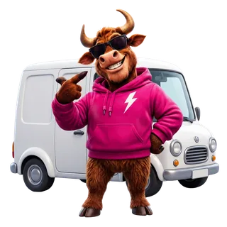 Bully the highland bull beside a van